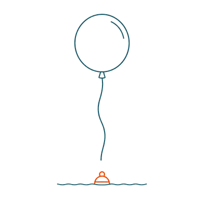 A big balloon rises while a tiny buoy below stays unmoved