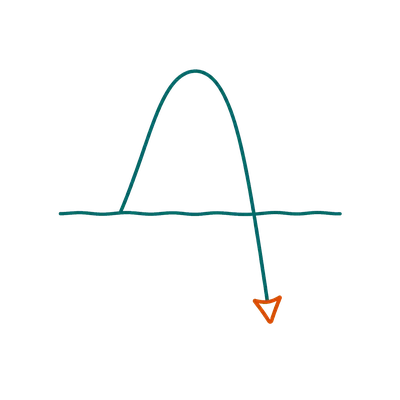 An arrow rises, curves over, and dives below the waterline