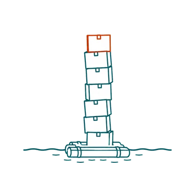 A tiny raft overloaded with a teetering stack of boxes
